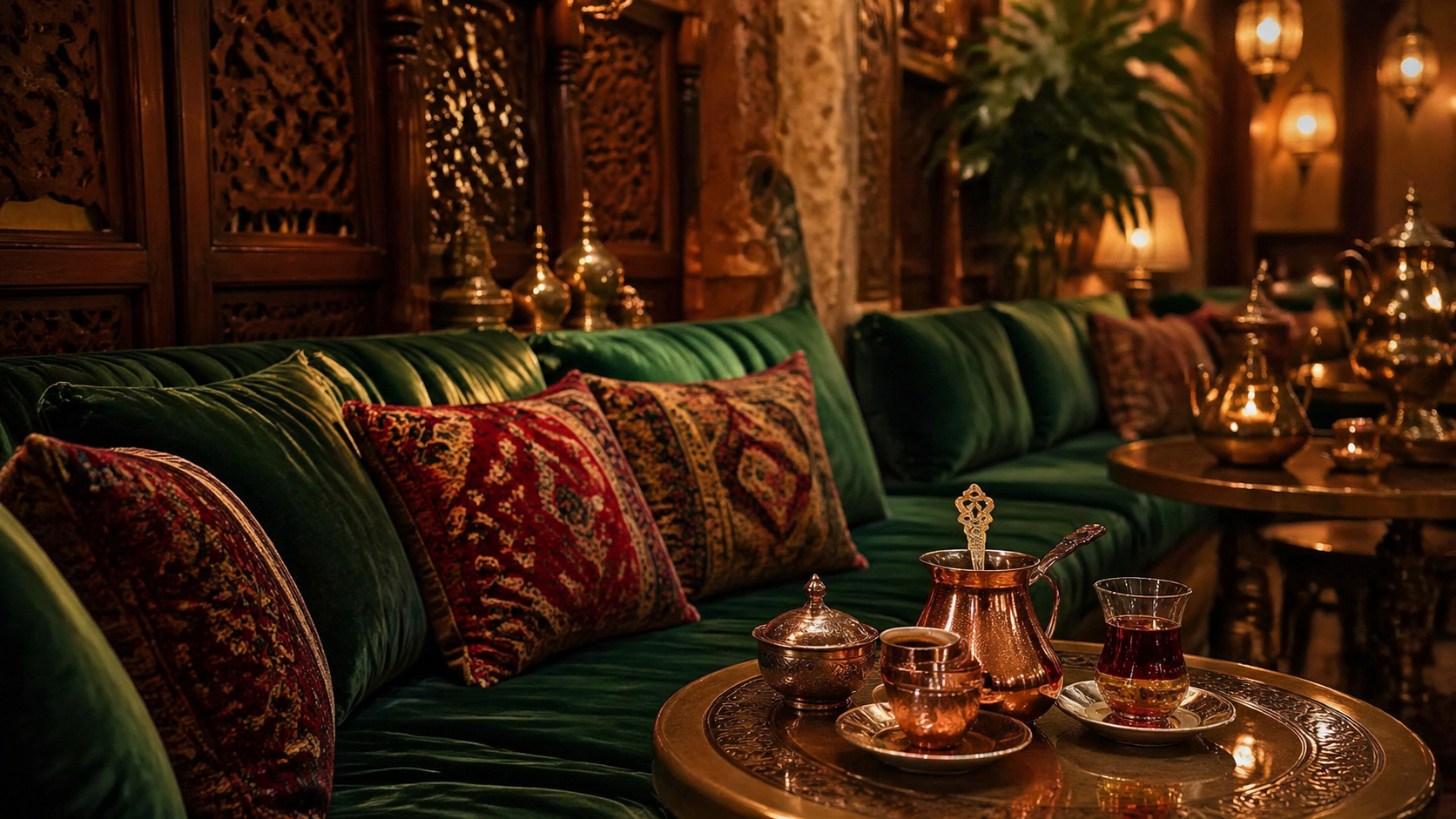 D&eacute;cor chaleureux et ottoman du Cafe Olympia